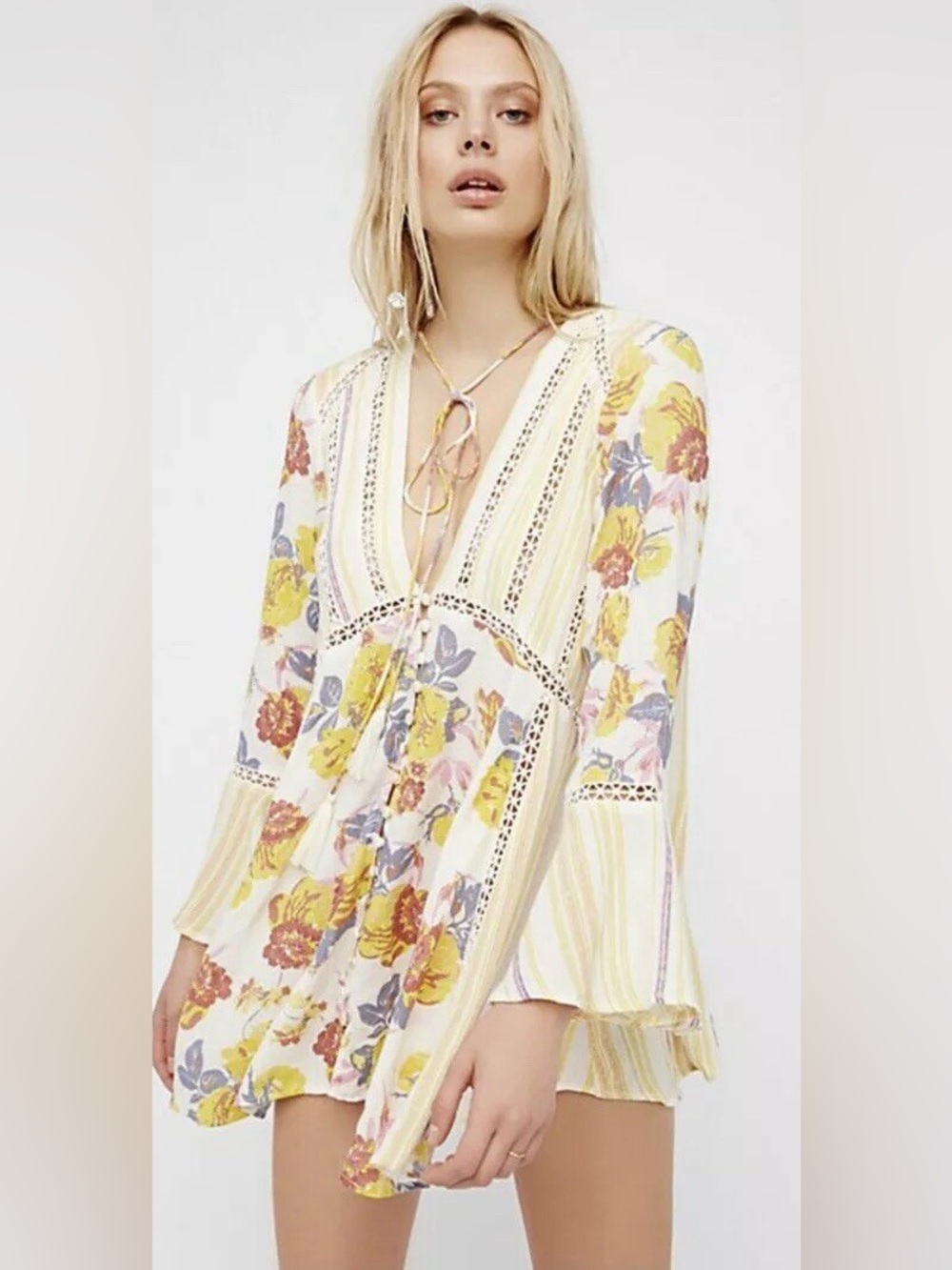 Free People Lovestoned Lace Button Down Printed Crochet Bell Sleeve Tunic XS